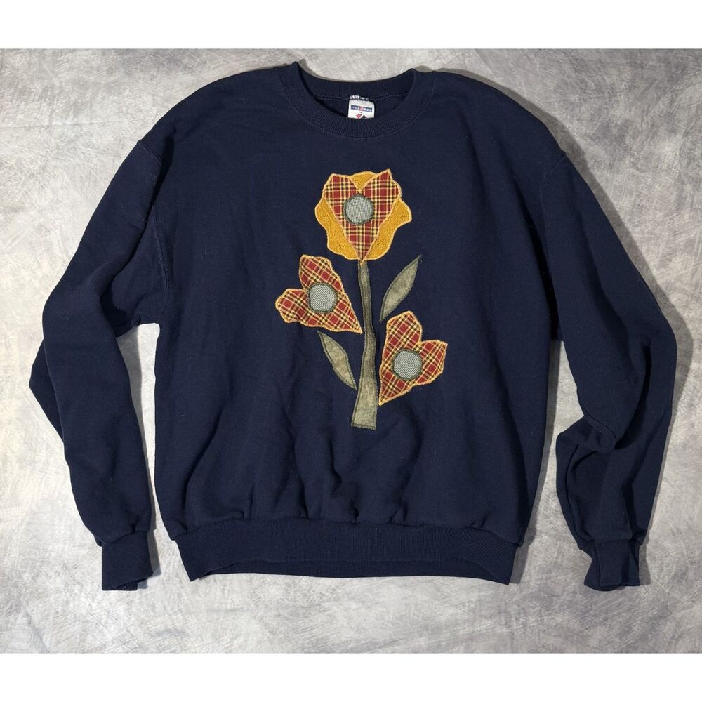 Jerzees M Navy Plaid Flower Appliqué Sweatshirt